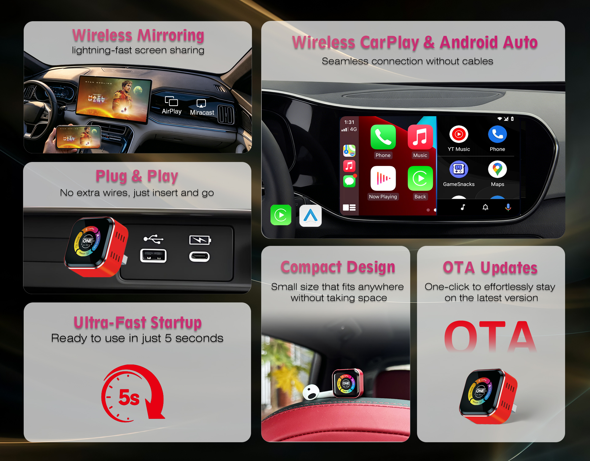 One Touch Wireless CarPlay Android Auto Adapter Convert Wired to Wireless AirPlay