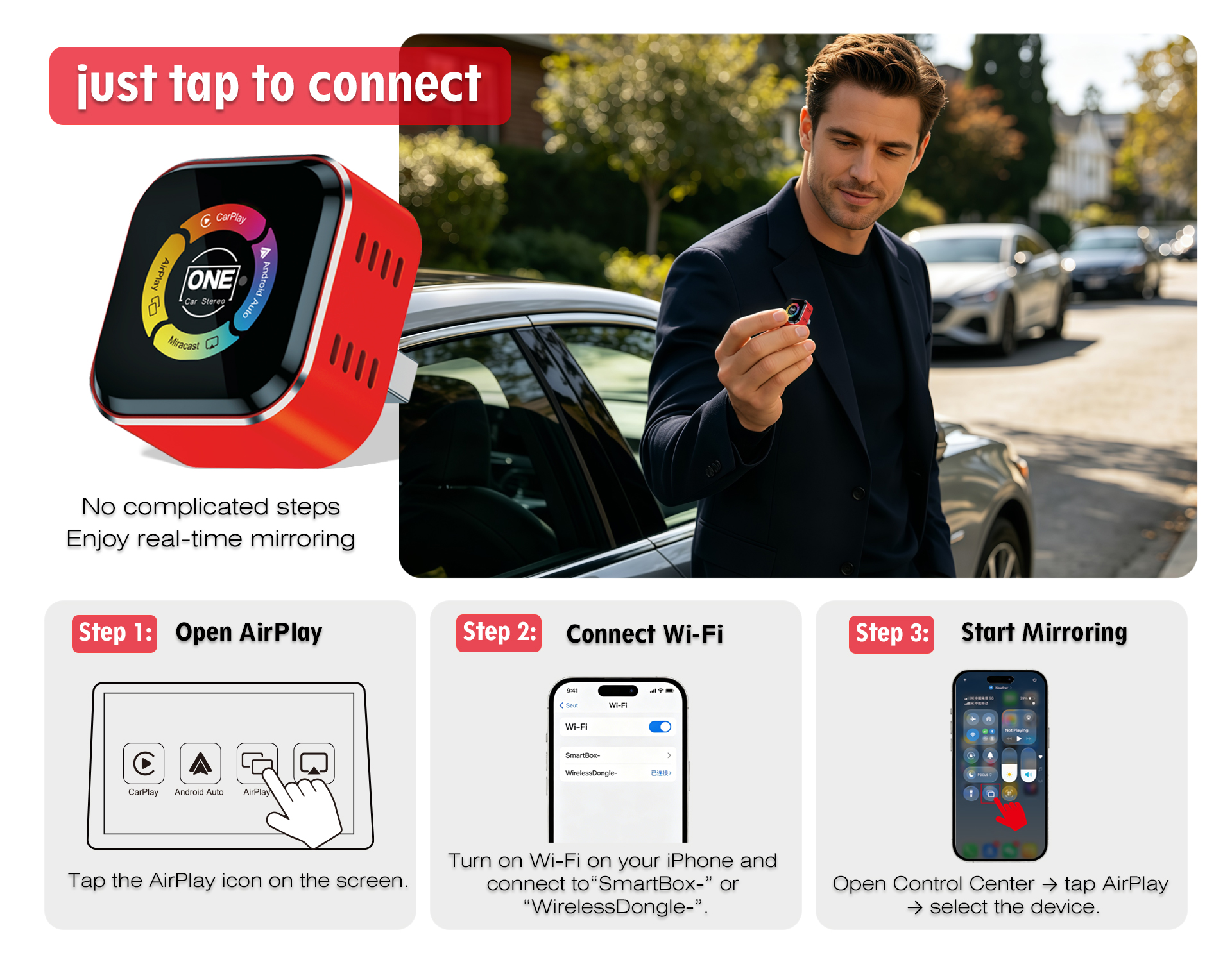 One Touch Wireless CarPlay Android Auto Adapter Convert Wired to Wireless AirPlay