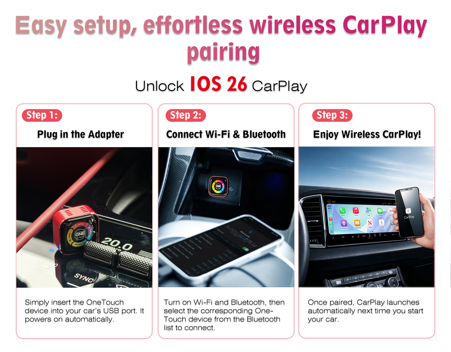 One Touch Wireless CarPlay Android Auto Adapter Convert Wired to Wireless AirPlay