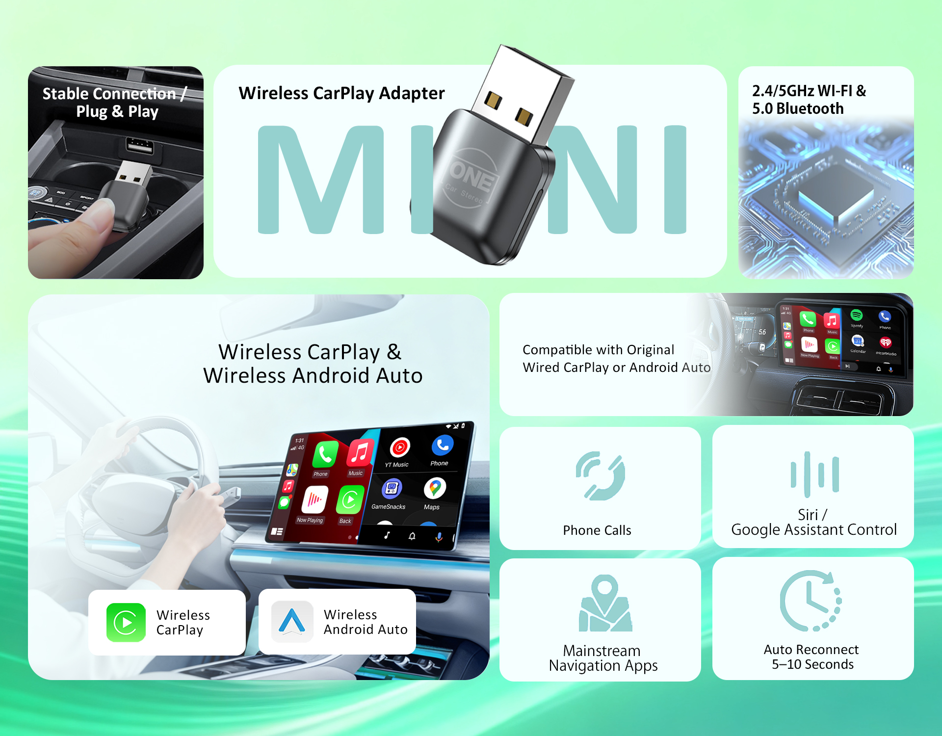 Mini Wireless CarPlay Android Auto Adapter Convert Wired to Wireless Car Play Dongle for Cars with Wired CarPlay