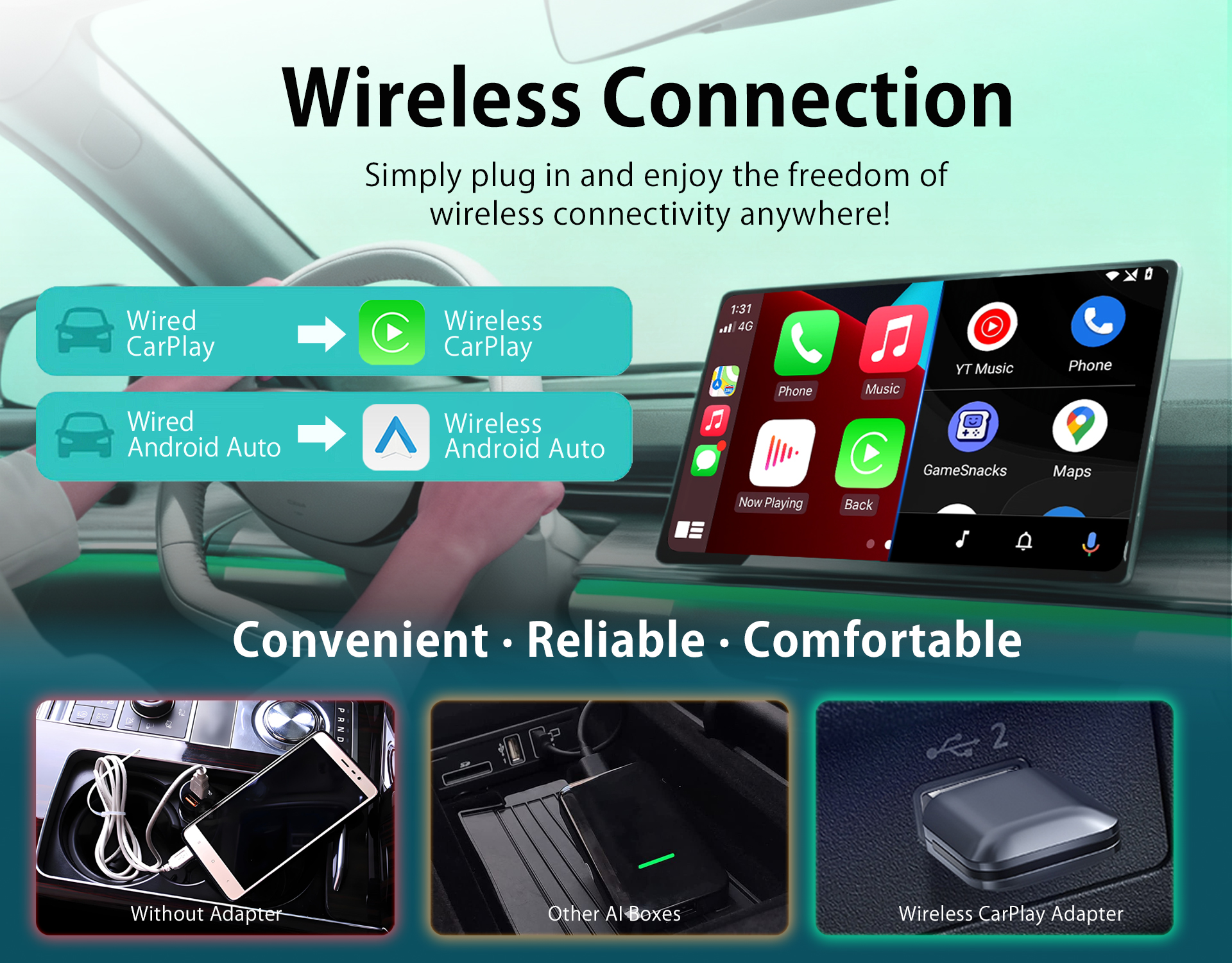Mini Wireless CarPlay Android Auto Adapter Convert Wired to Wireless Car Play Dongle for Cars with Wired CarPlay