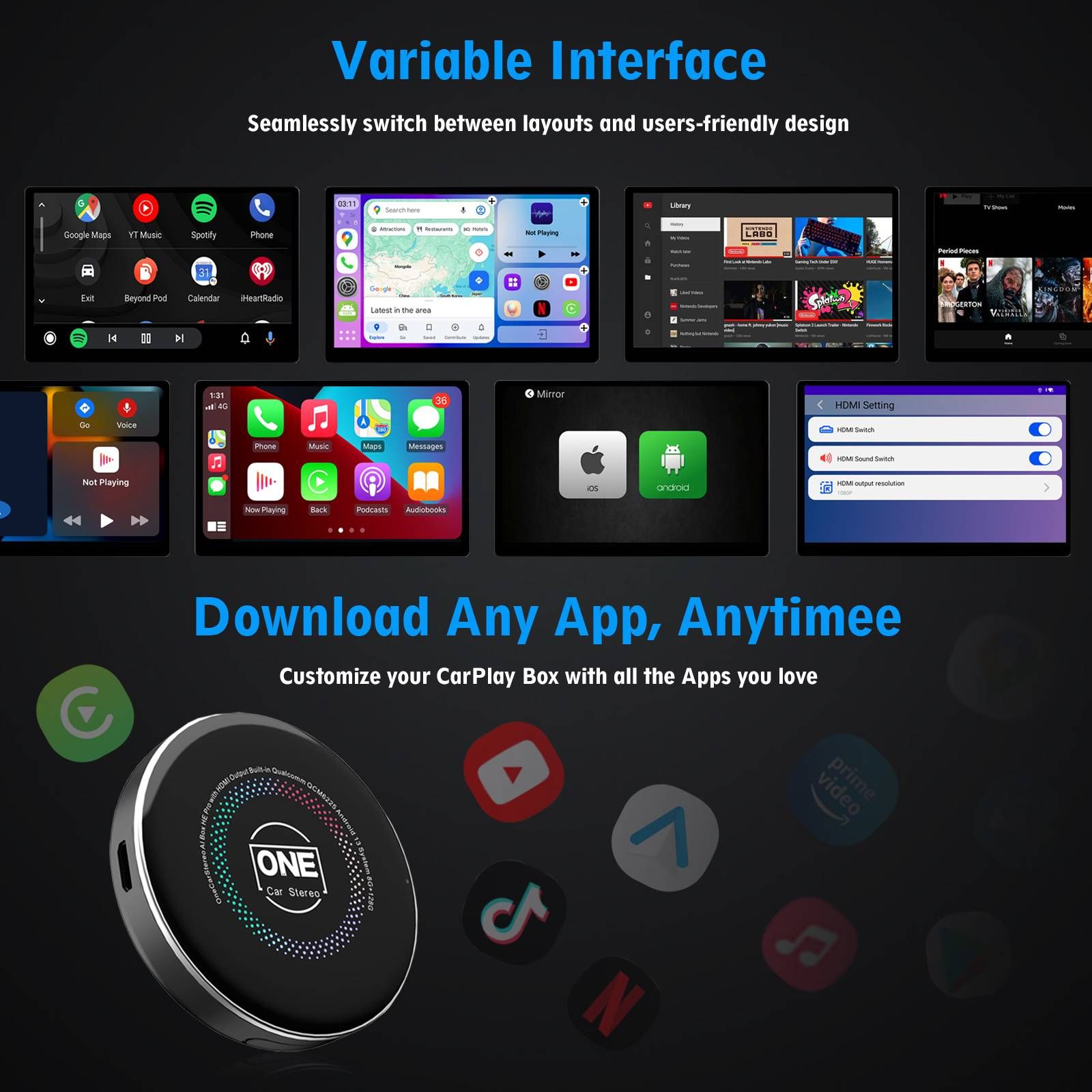 Qualcomm 6225 8G+128G 4G SIM Card Wireless CarPlay AI Box with OTA Update Video Out Android Auto Adapter for YouTube