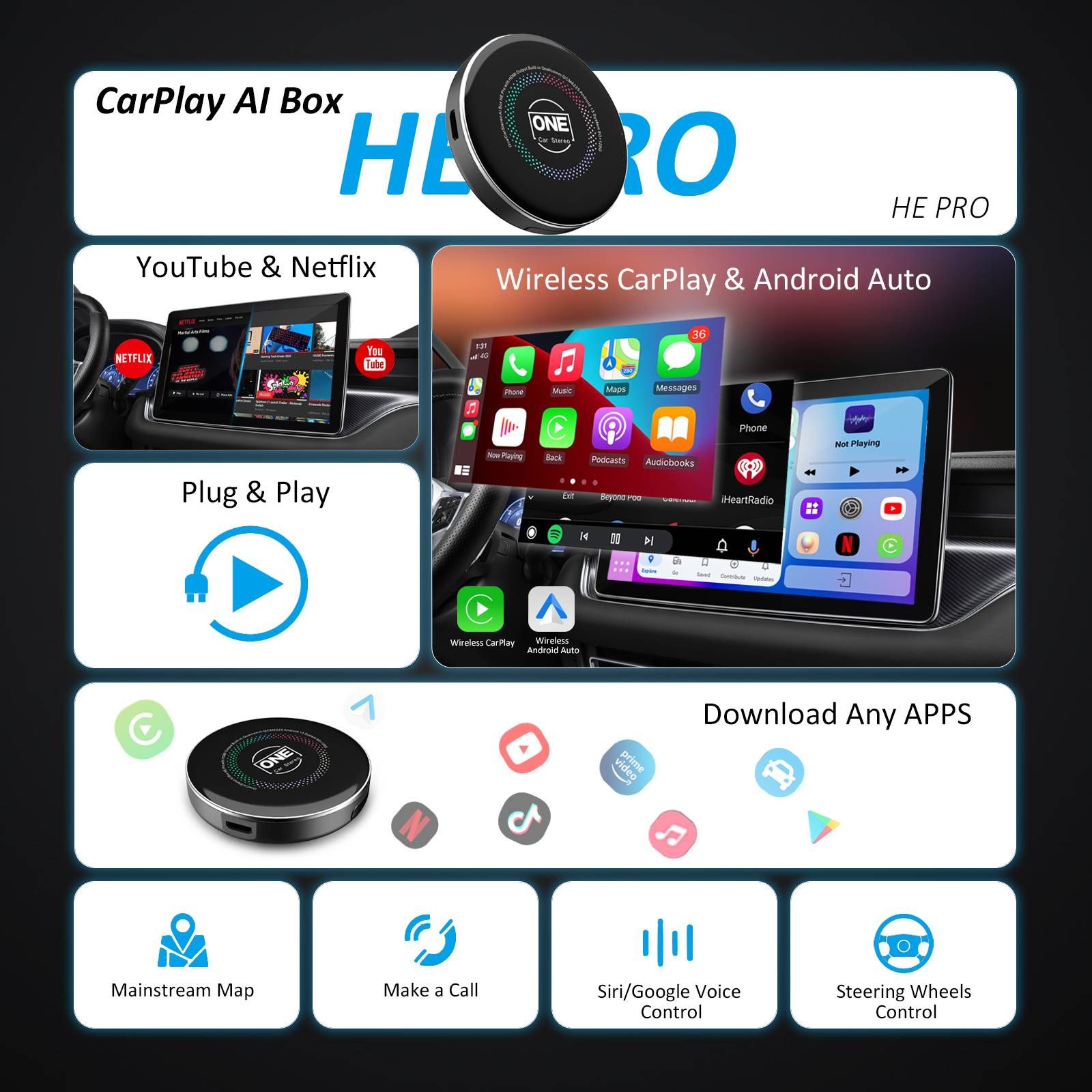 Qualcomm 6225 8G+128G 4G SIM Card Wireless CarPlay AI Box with OTA Update Video Out Android Auto Adapter for YouTube