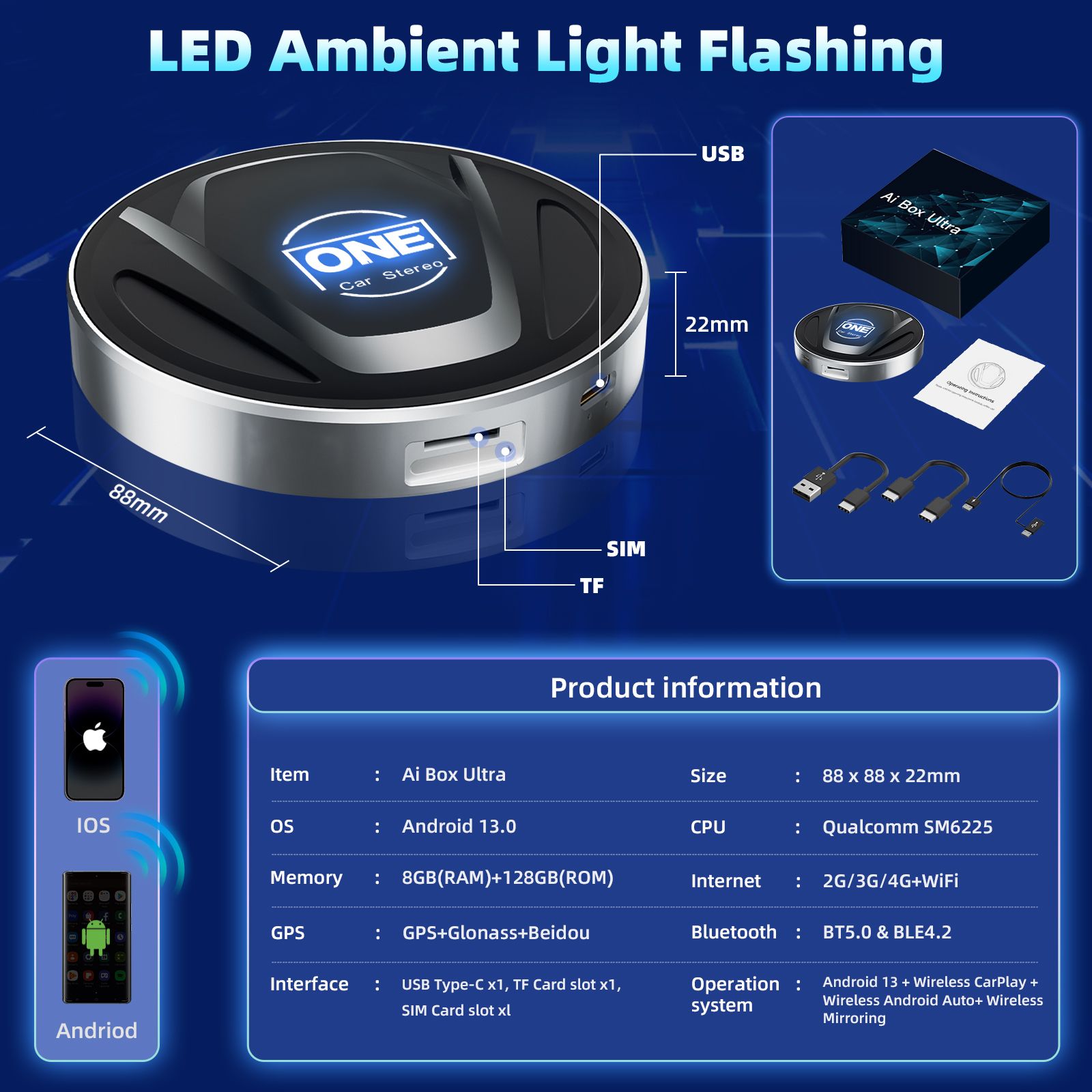 Qualcomm 6225 AI Box CarPlay 8G+128G Built in Nano 4G SIM OTA Update Android CarPlay Box Wireless Adapter for YouTube Netflix