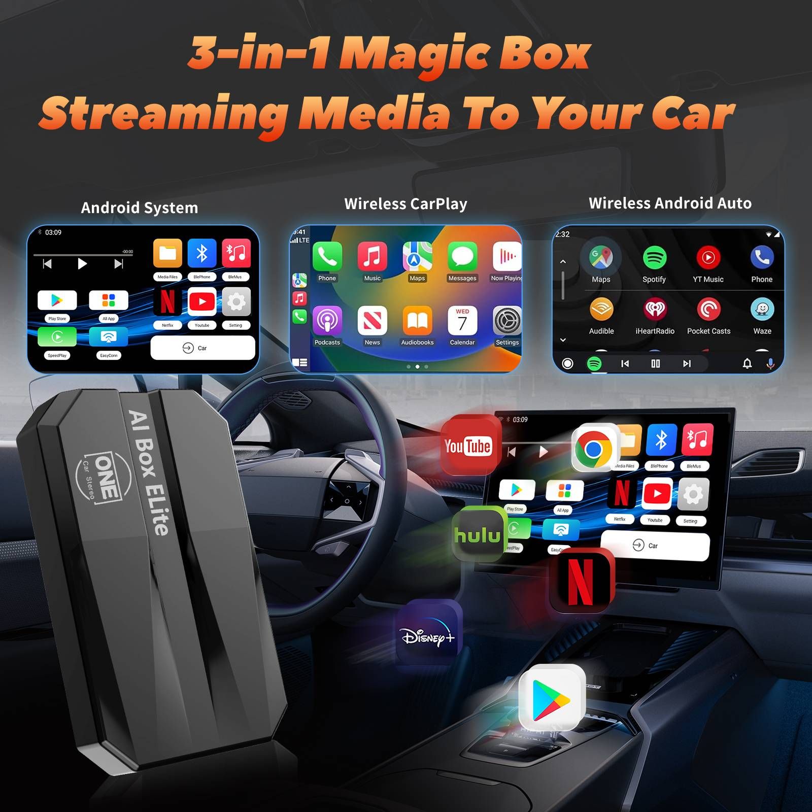 Qualcomm 2290 2G+16G Wireless Android CarPlay Box Adapter Build in WiFi for Netflix YouTube Tiktok Playstore