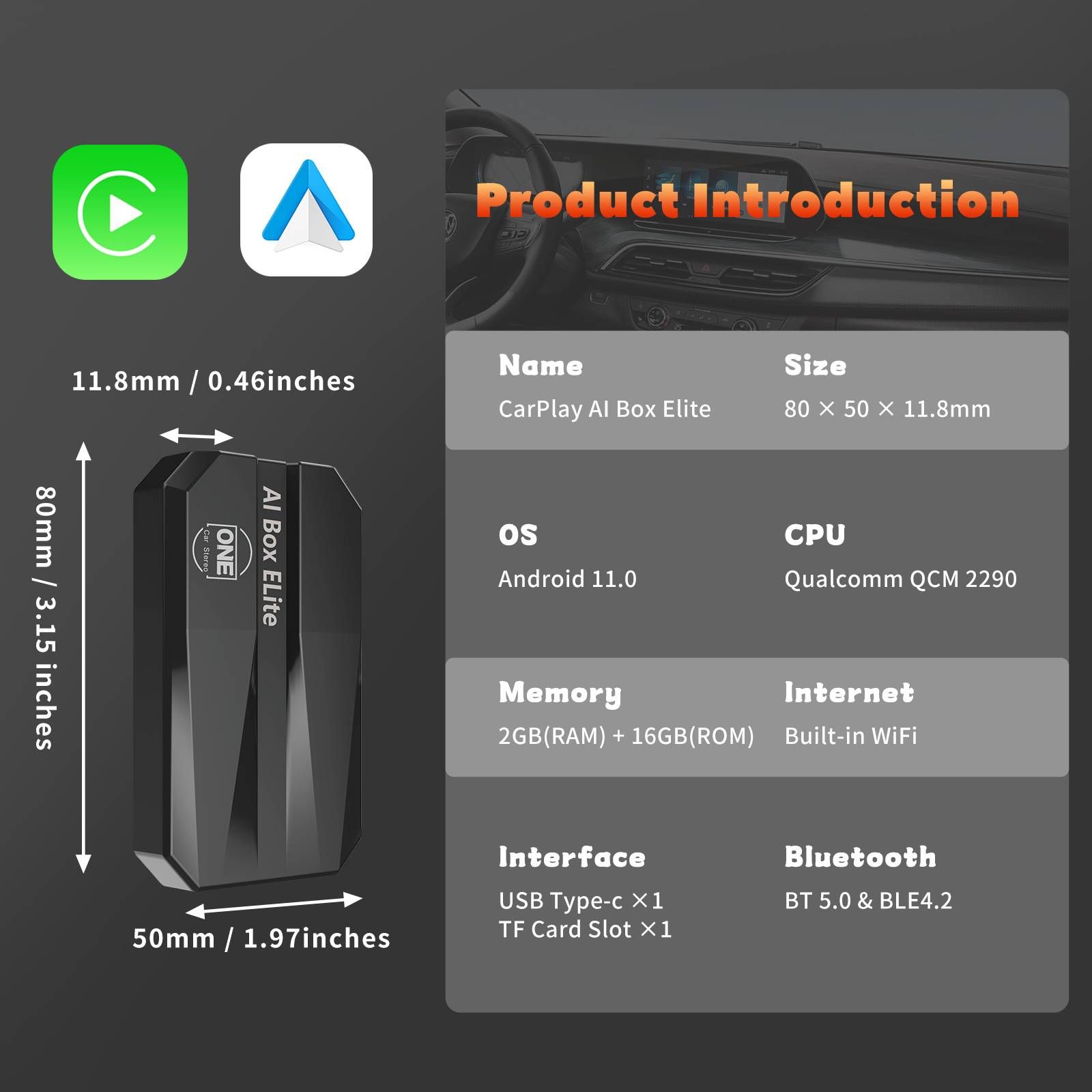 Qualcomm 2290 2G+16G Wireless Android CarPlay Box Adapter Build in WiFi for Netflix YouTube Tiktok Playstore