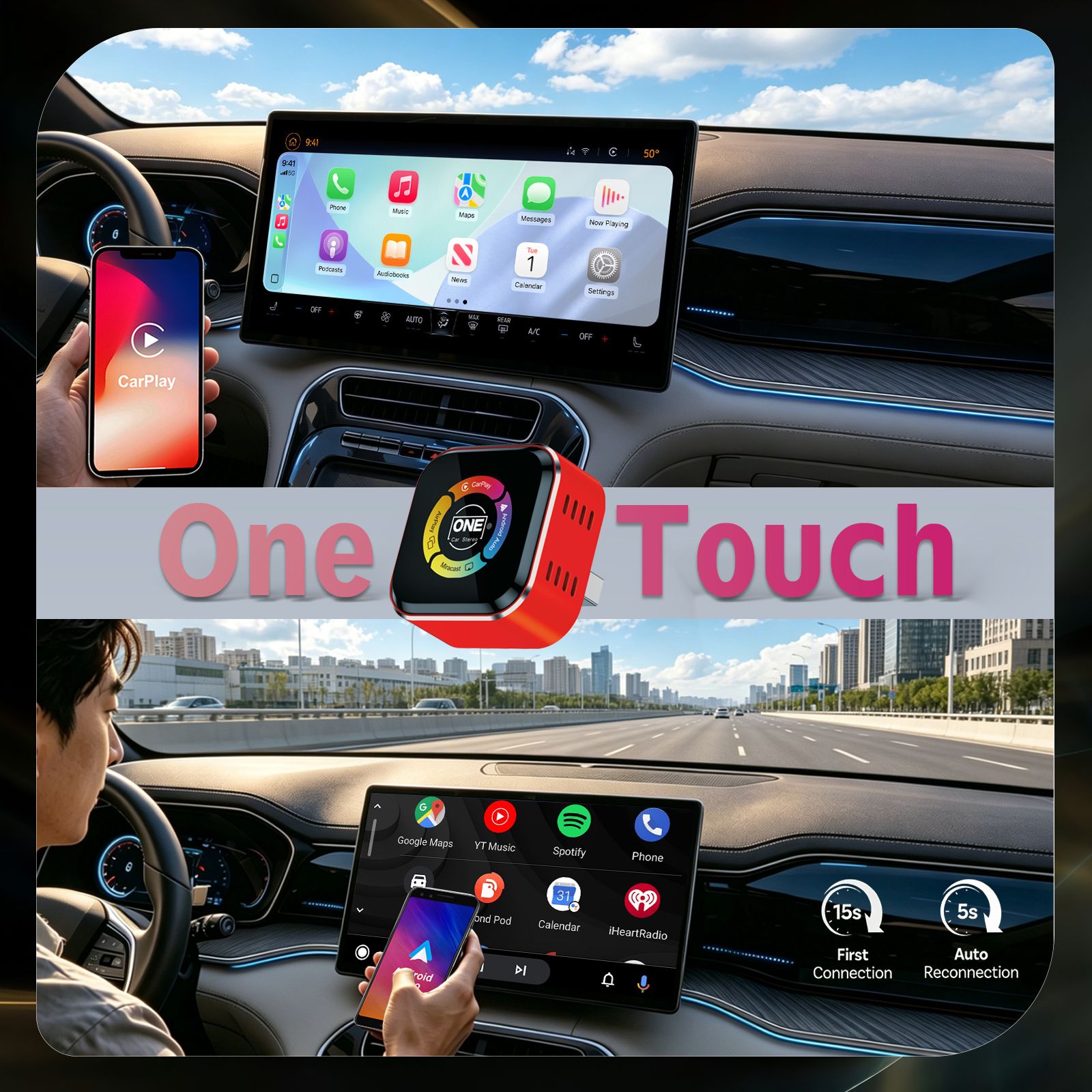 One Touch Wireless CarPlay Android Auto Adapter Convert Wired to Wireless AirPlay & Screen Mirroring Dongle OTA Updates
