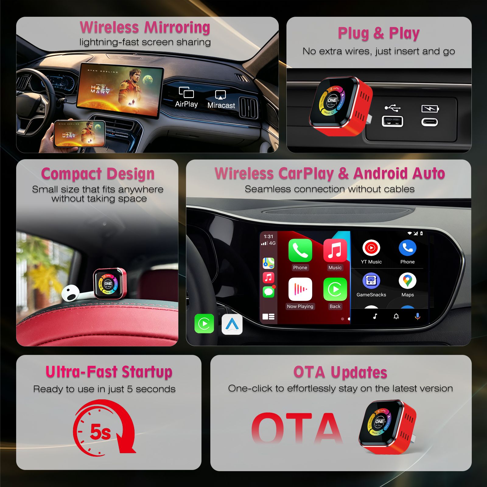 One Touch Wireless CarPlay Android Auto Adapter Convert Wired to Wireless AirPlay & Screen Mirroring Dongle OTA Updates