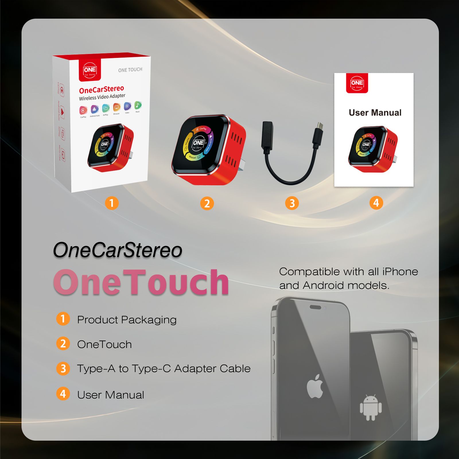 One Touch Wireless CarPlay Android Auto Adapter Convert Wired to Wireless AirPlay & Screen Mirroring Dongle OTA Updates