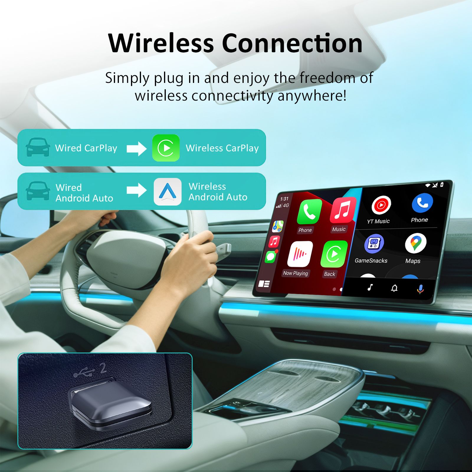 Mini Wireless CarPlay Android Auto Adapter Convert Wired to Wireless Car Play Dongle for Cars with Wired CarPlay
