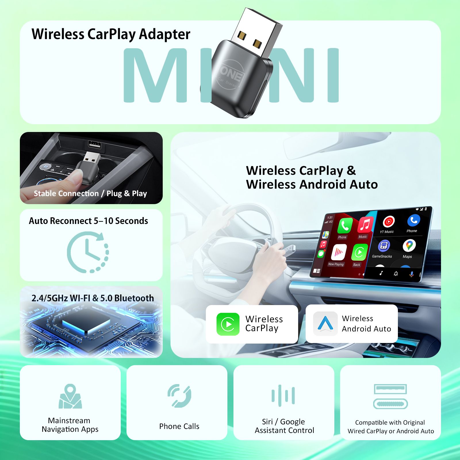 Mini Wireless CarPlay Android Auto Adapter Convert Wired to Wireless Car Play Dongle for Cars with Wired CarPlay