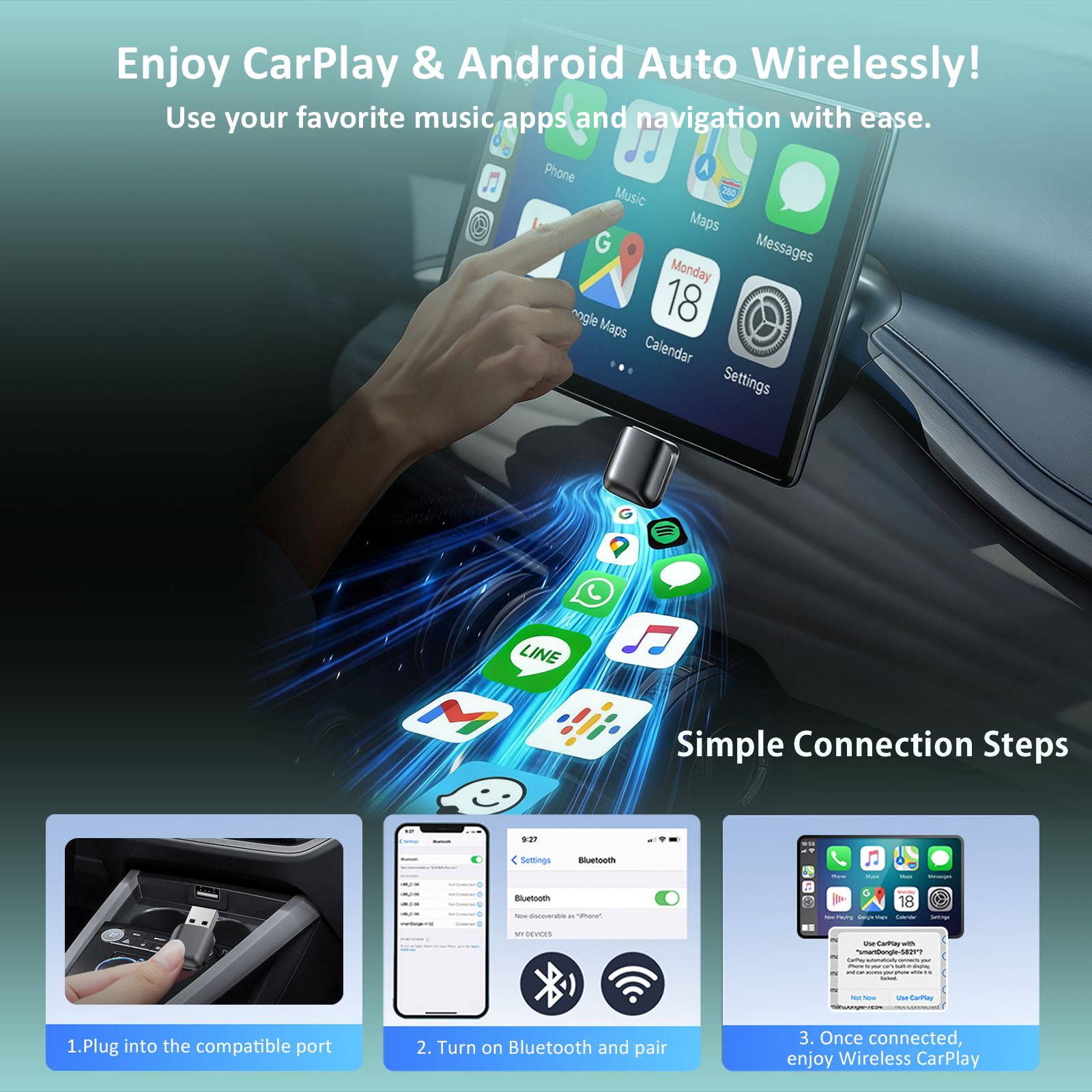 Mini Wireless CarPlay Android Auto Adapter Convert Wired to Wireless Car Play Dongle for Cars with Wired CarPlay