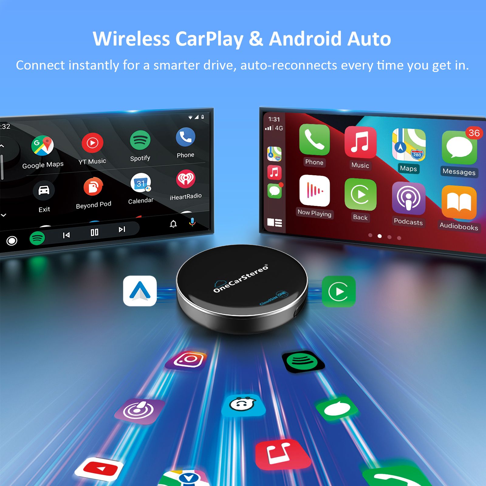 Wireless CarPlay Cloud AI Box Android Auto GPS Built-in Cloud SIM Adapter Video for YouTube Netflix Dongle