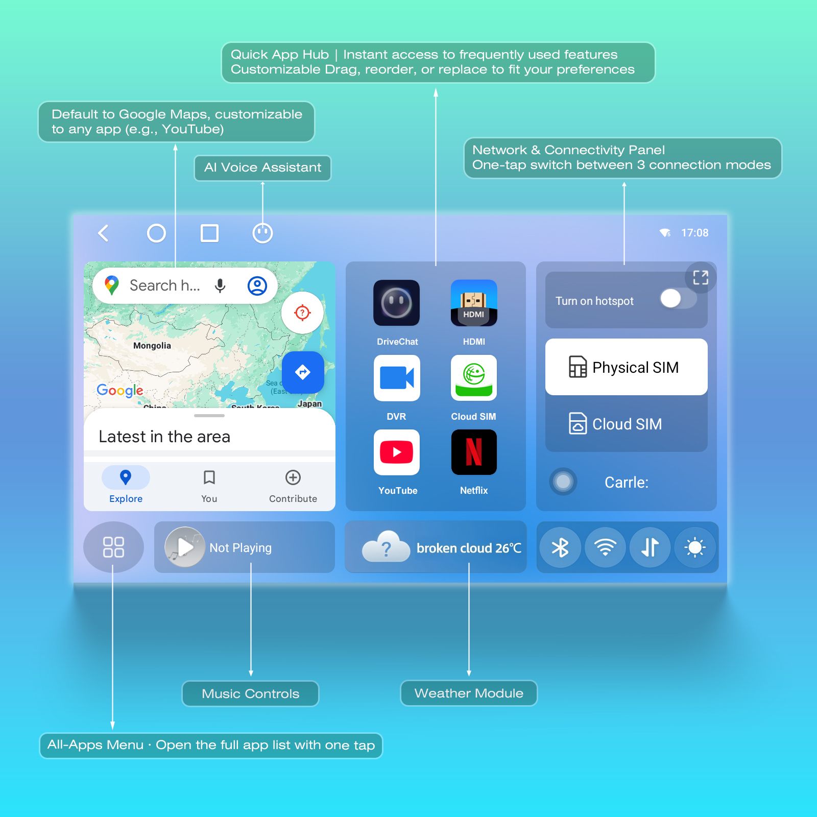 Qualcomm 6350 Android 15 CarPlay AI Box with 8GB+128GB, 4G Cloud SIM HDMI Input Output Wireless CarPlay Android Auto Adapter with OTA Update for YouTube