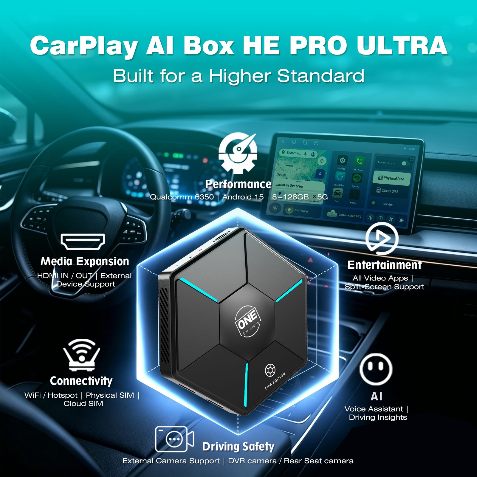 Qualcomm 6350 Android 15 CarPlay AI Box with 8GB+128GB, 4G Cloud SIM HDMI Input Output Wireless CarPlay Android Auto Adapter with OTA Update for YouTube